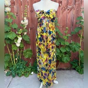 NWT Anthropologie Floral Silky Tie-Front Strapless Yellow Maxi Dress Size XL